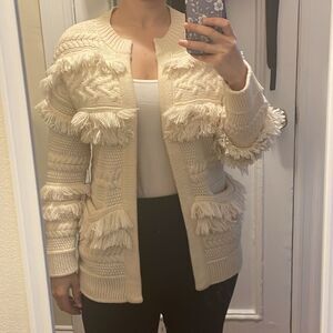 Preowned Madewell merino wool Chic Cream knit Cardigan with Fringe Details XXS